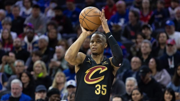 Feb 15, 2023; Philadelphia, Pennsylvania, USA; Cleveland Cavaliers forward Isaac Okoro (35) shoots the ball against the Philadelphia 76ers during the first quarter at Wells Fargo Center. Mandatory Credit: Bill Streicher-USA TODAY Sports